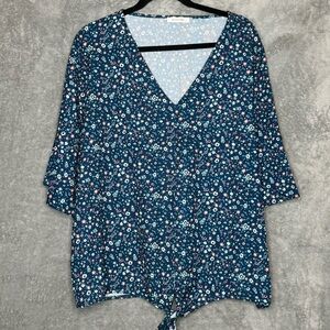 Bluetime XL Shirt Top Navy Blue Floral Flower Half Sleeve V Neck Stretch Tie